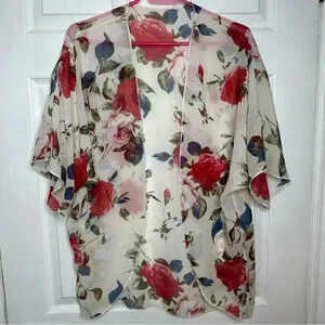 Kimono Sheer Floral  White / Red / Blue Size